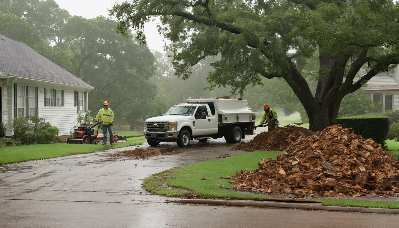 Fallen tree being cut into sections by a local provider beside a brick ranch home in Denton