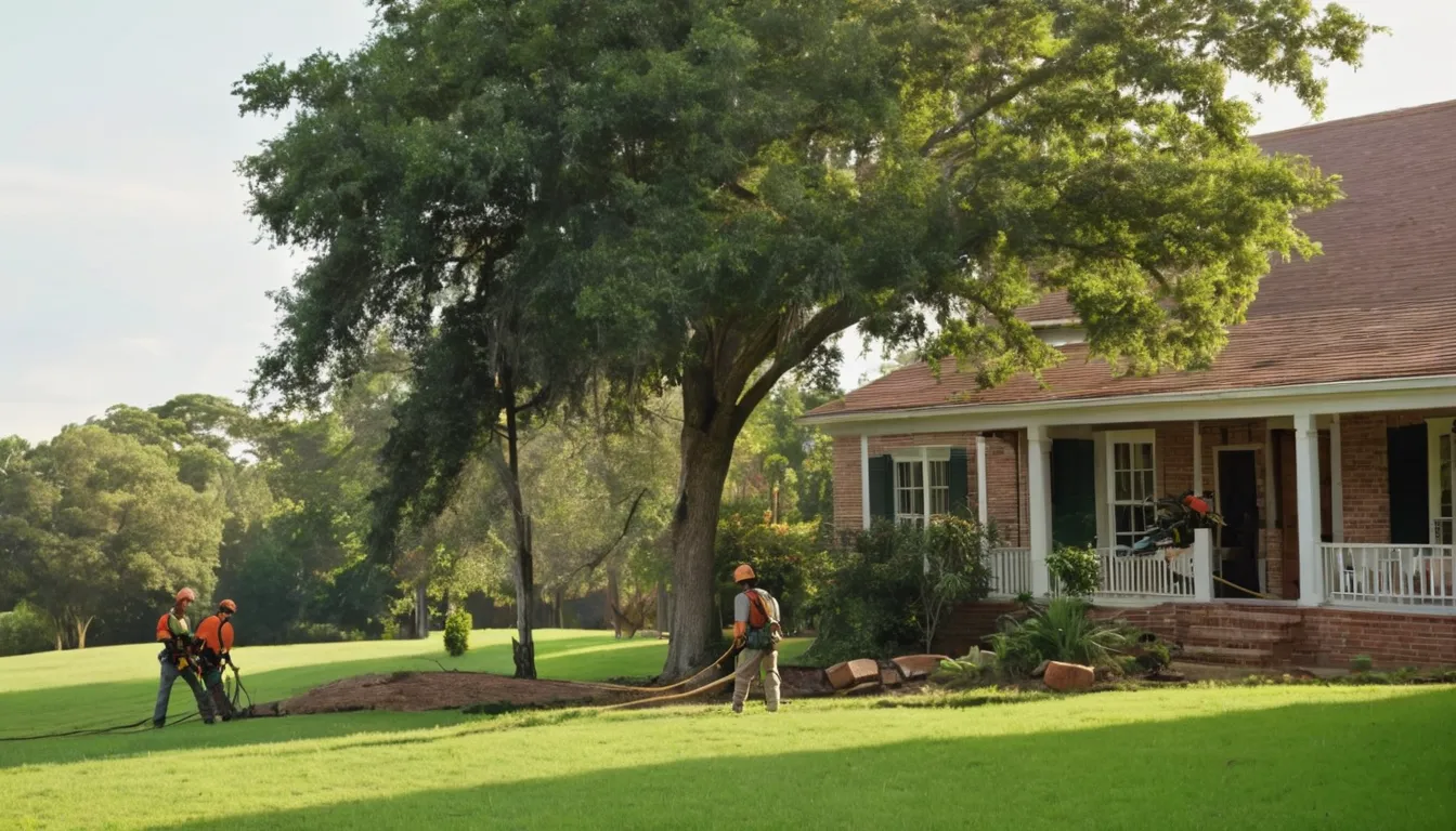 A tree provider safely taking down a large tree beside a ranch home in Denton