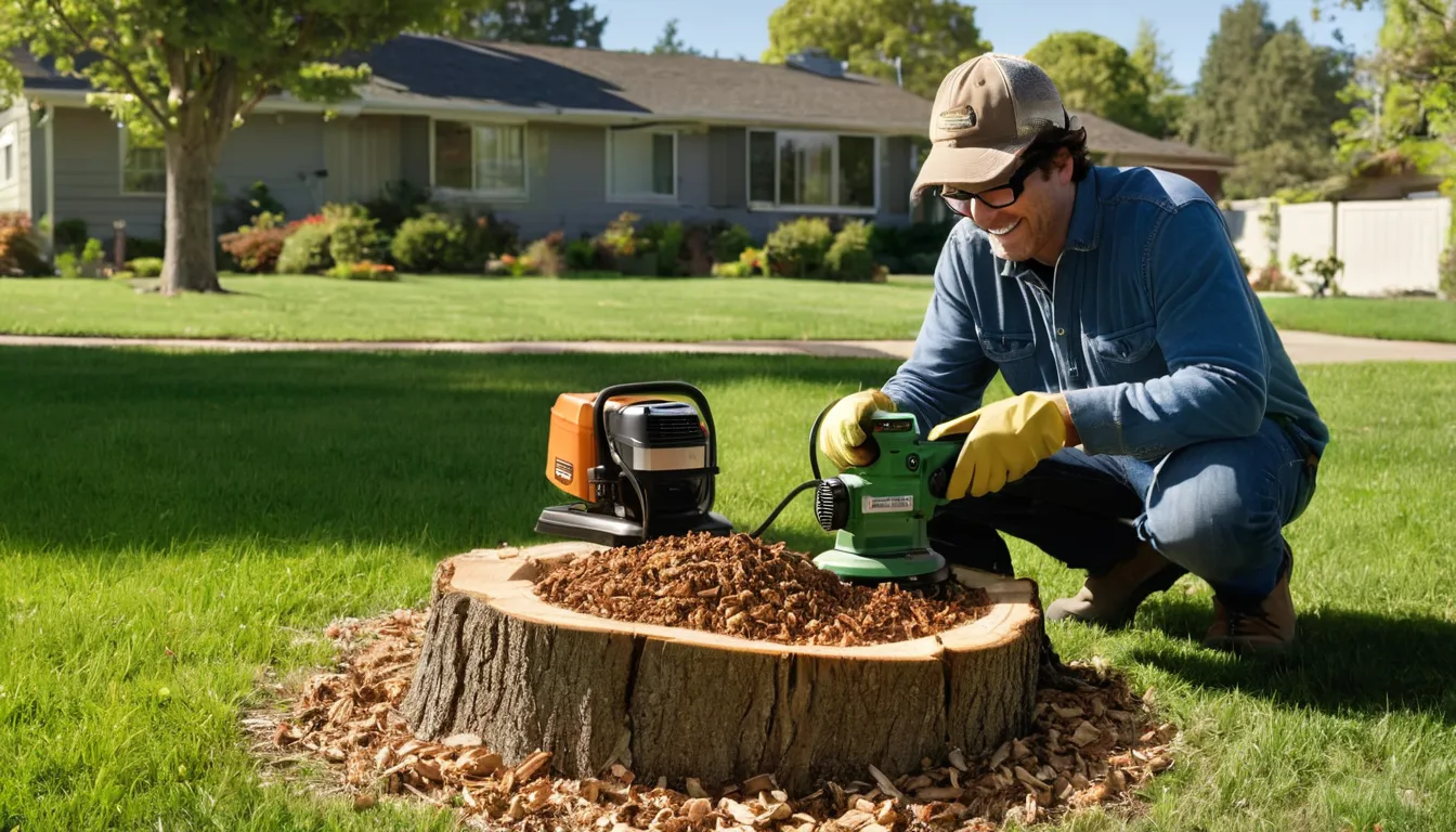 A provider operating a stump grinder on a residential lawn in the Denton area, with wood chips and a homeowner watching from a safe distance
