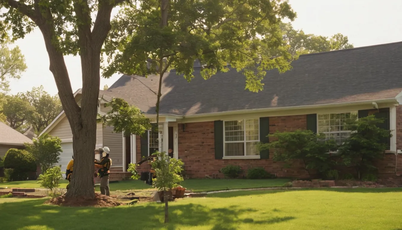 Local tree removal provider cutting a large backyard tree near a brick home in Denton